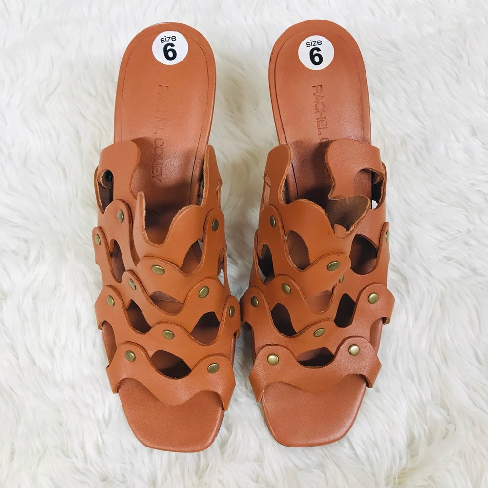 RACHEL COMEY Brown Leather Mule Clog Wedge Sandal Tawny Woven Stud Size 6 - Picture 2 of 13